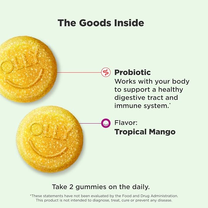 OLLY Probiotic Gummy, 1 Billion CFUs, Immune and Digestive Support, Chewable Probiotic Supplement, Mango, 80 Count