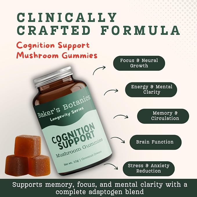 Baker's Botanics Adaptogenic Mushroom Gummies – Antioxidant Botanical Blend | Coconut Flavor | Vegan, Gluten-Free, Non-GMO Supplement