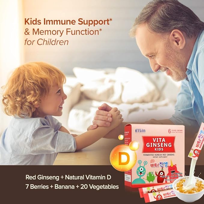 Vita Ginseng Kids, Vitamin D, Zinc, 7 Berries, Banana, 20 Vegetables, Milk Powder for Immune Support, Focus and Memory Boost, 30 Packets (1Set)