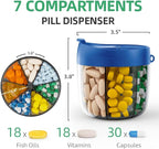 PULIV Portable Pill Dispenser Bottle, Vitamin Organizer with 7 Compartments, Holds Plenty of Supplements with Anti-Mixing & Wide Openings Design, Easy to Retrieve Meds, Includes 20 Labels Royal Blue