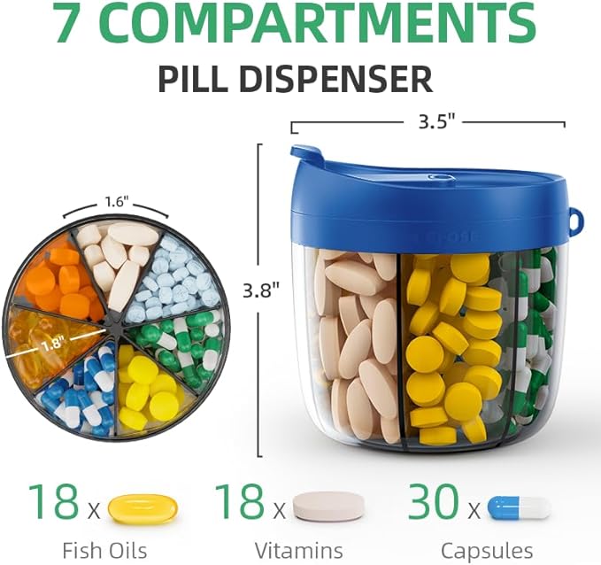 PULIV Portable Pill Dispenser Bottle, Vitamin Organizer with 7 Compartments, Holds Plenty of Supplements with Anti-Mixing & Wide Openings Design, Easy to Retrieve Meds, Includes 20 Labels Royal Blue