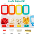Fullicon Weekly Pill Organizer 7 Day Ultra Moisture and Spill Proof Daily Pill Box, Large Medicine Case with Secure Buckle, Compact Travel Pill Container for Pill, Vitamin, & Fish Oil (Rainbow Clear)