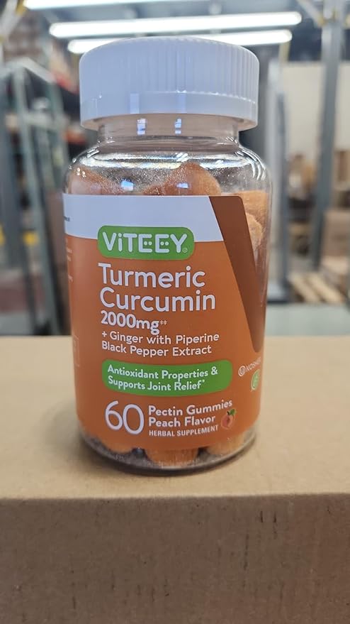 Viteey Turmeric Gummies with Turmeric Curcumin, Ginger & Black Pepper Extract - Immune Support, Healthy Skin, and Joint Health - Vegan, Gelatin Free, GMO Free - Tasty Chewable Peach Flavored-60 Count