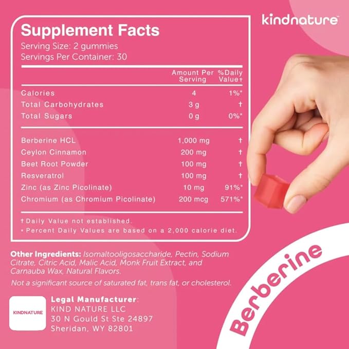 kindnature Berberine Gummies 1000mg with Ceylon Cinnamon & Resveratrol – 6-in-1 Blood Sugar Support Supplement – Metabolism & Weight Wellness – Sugar-Free, Vegan, Non-GMO