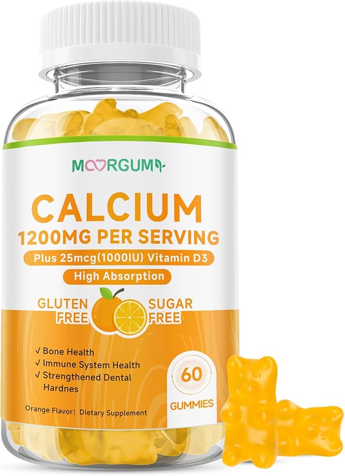 Calcium Citrate Gummies for Kids, Adult - 1200 mg with Vitamin D3 1000IU - Support Bone, Teeth, Immune Health, High Absorption Calcium and Vitamin D Supplement, Orange Flavor, 60 Count