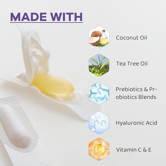 Vaginal Probiotic Suppositories, Prebiotic Infused with Hyaluronic Acid, Tea Tree, and Vitamin C&E, pH Balance Support Formula Fights Dryness, Odor and Discomfort, Restore Feminine Health(12 Counts)