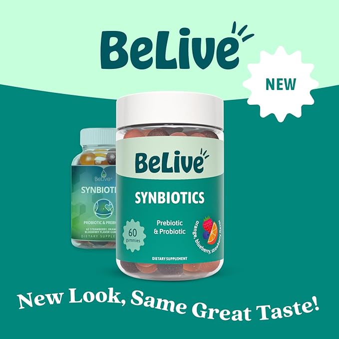 BeLive Synbiotics - Probiotic & Prebiotic Fiber Gummies – High Strength Inulin (3g), Dietary Fiber Supplement, Digestive Support for Kids & Adults - Strawberry, Orange, Blueberry Flavor | 3-Pack