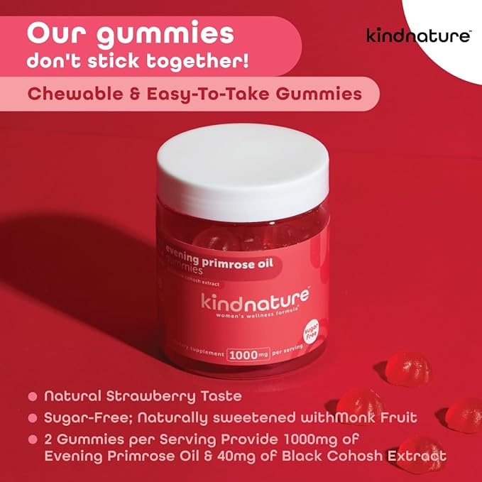 kindnature Evening Primrose Oil Gummies for Women – 1000mg + Black Cohosh – PMS, Perimenopause & Menopause Support – Vegan, Sugar-Free, Non-GMO
