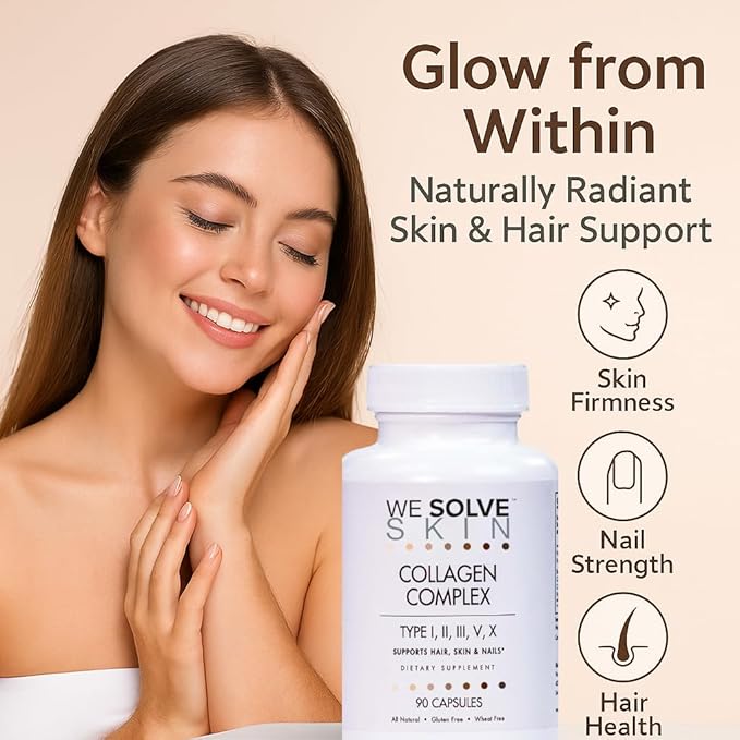Multi Collagen Peptides Pills for Women & Men – 5 Types (I, II, III, V, X) – Marine, Chicken & Bovine Collagen – Supports Hair, Skin, Nails, Joints & Bones – Gluten-Free Capsules (90 Count)