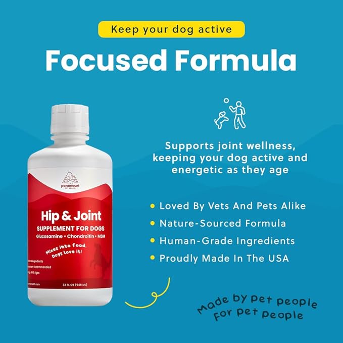 Paramount Pet Health Liquid Glucosamine for Dogs, 1600 mg Glucosamine for Dogs Hip & Joint Supplement, Ideal for Mobility & Comfort, Easy-to-Use Liquid MSM, Chondroitin, Made in USA, 32 oz