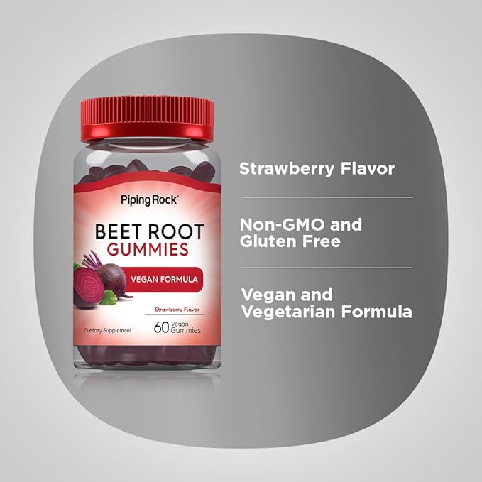 Piping Rock Beet Root Gummies | 60 Count | for Men and Women | Nitric Oxide Supplement | with Vitamin C and Black Pepper | Strawberry Flavor | Vegan, Non-GMO, Gluten Free