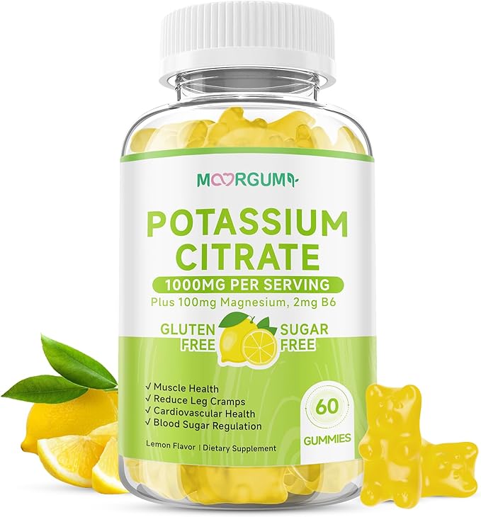 Potassium Citrate 1000mg Gummies, Potassium Supplement for Adults Women and Men, with Magnesium, Vitamin B6 Chewable Supplements, Support Electrolyte Balance, Muscular & Nerve Function, 60 Count