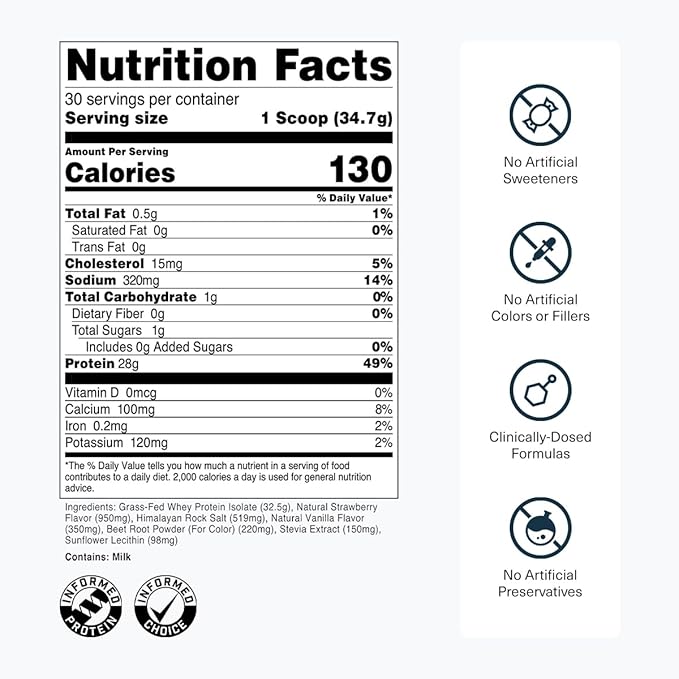 Transparent Labs Grass-Fed Whey Protein Isolate - Natural Flavor, Gluten Free Whey Protein Powder w/ 28g of Protein per Serving & 9 Essential Amino Acids - 30 Servings, Strawberry Milkshake