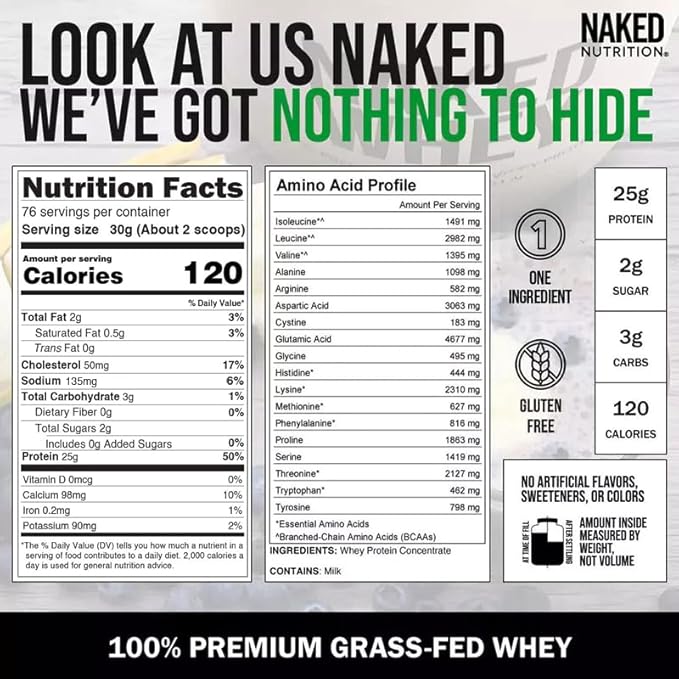 NAKED Whey 5LB 100% Grass Fed Unflavored Whey Protein Powder - Only 1 Ingredient, NSF Certified, Undenatured, Gluten Free, Soy Free, Promote Muscle Growth and Recovery - 76 Servings