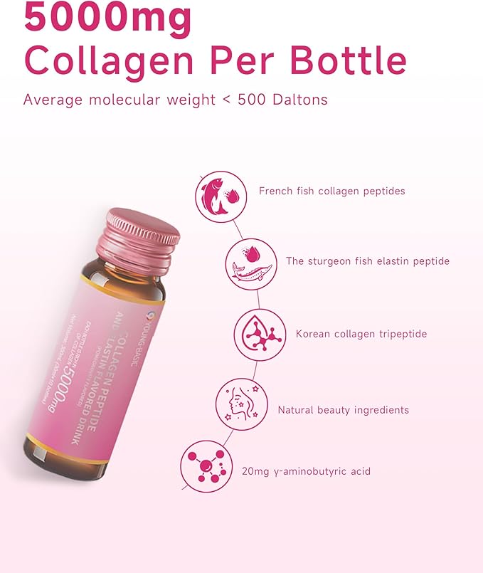 Ageless Beauty Marine Collagen Drink, Liquid Collagen from Franch with 5,000mg Hydrolyzed Collagen, Korean Collagen Tripeptide and Skipjack Elastin Peptide, Supports Skin, Less Wrinkles (2 Pack)