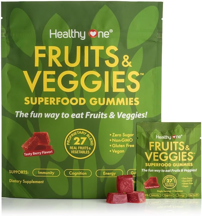 Fruits & Veggies Sugar-Free Gummies - 27 Whole Foods - Equals 3 Servings of Fruits & Vegetables - Improve Energy, Focus & Immune Function - Fiber - Antioxidants - Organic Ingredients - 28 Packets