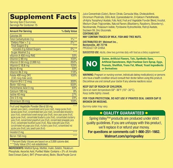 Spring Valley Zero Sugar Women's Multi Gummy, 150 Count, Pack 01 + Daily Supplement Tracker Sticker