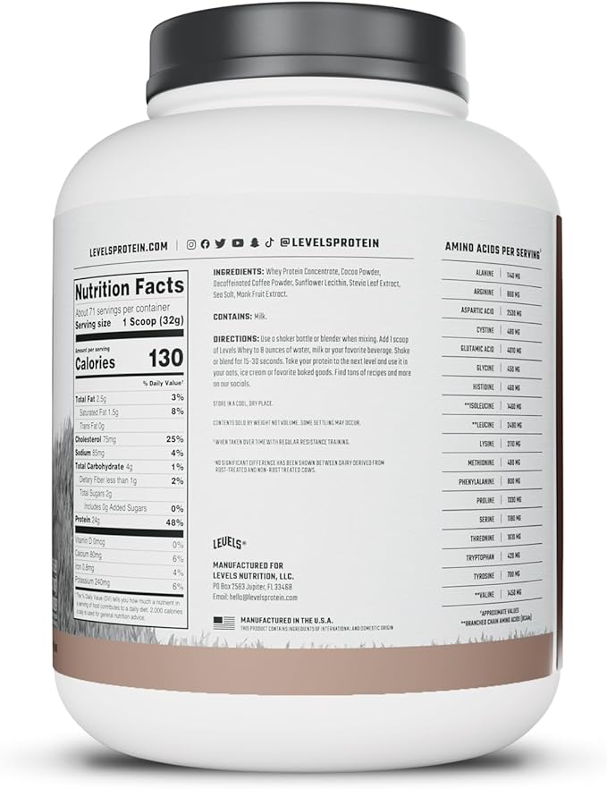 Levels Grass Fed Whey Protein Powder, No Artificials, 24G of Protein, Chocolate Mocha, 5LB