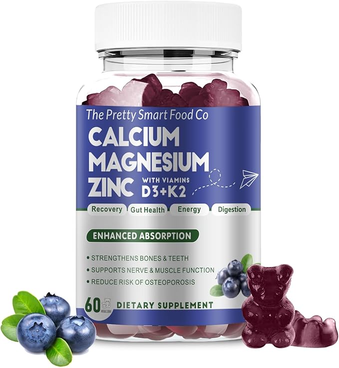 Calcium Magnesium Zinc Gummies with Vitamin D3 & K2 for Bone, Muscle & Immune Support - High Potency Enhanced Absorption - 60 Blueberry Gummies