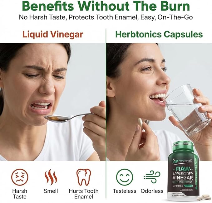 Herbtonics Raw Apple Cider Vinegar Capsules 1500mg with The Mother | Unfiltered ACV Pills for Bloating Relief, Digestion, Metabolism & Weight Support | 60 Vegan Capsules (1 Month Supply)