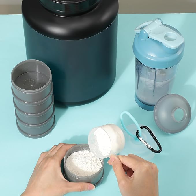 Baderke 2 Pcs Protein Powder Containers with Funnels Stand, 5 and 3 Layers Stackable Powder Supplement Travel Container Formula Organizer Storage Powders Holder for Travel Workout Fitness(Gray)