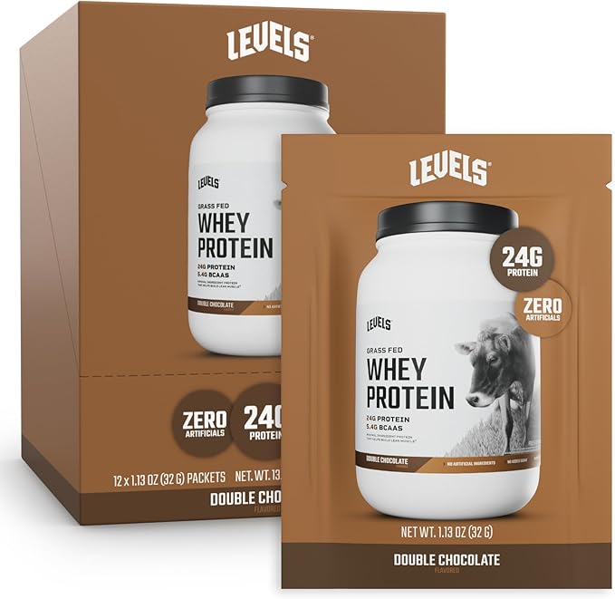 Levels Grass Fed Whey Protein Powder, No Artificials, 24G of Protein, Double Chocolate, 12 Count