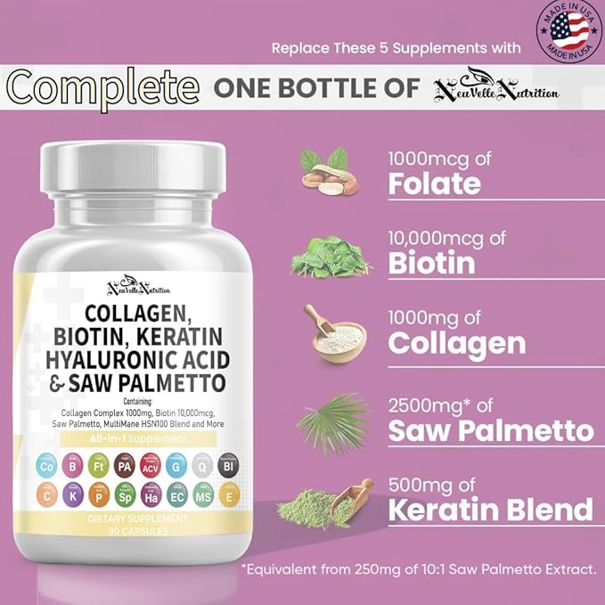 16 in 1 Collagen Supplement - Peptides Types I,II,III & V with Biotin, Keratin, Hyaluronic Acid, Saw Palmetto, Vitamins C & E, Apple Cider Vinegar & PABA - Nail Skin & Hair Health Support Capsules