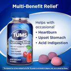 TUMS Gummy Bites Dietary Supplement for Occasional Heartburn Relief, Upset Stomach and Acid Indigestion, Great for a Summer BBQ - Cherry Berry Burst - 108 Count (Pack of 2)