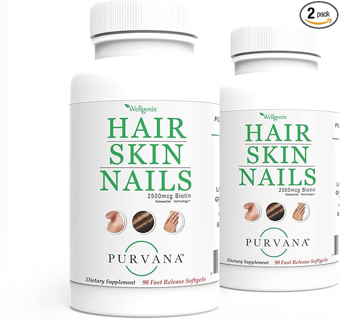 Wellgenix Purvana Hair Skin and Nails Supplement – 2500mcg Biotin Softgels with MSM & B-Complex – Daily Beauty Support for Stronger Nails & Hair Vitality – 180 Softgels (2 Pack)