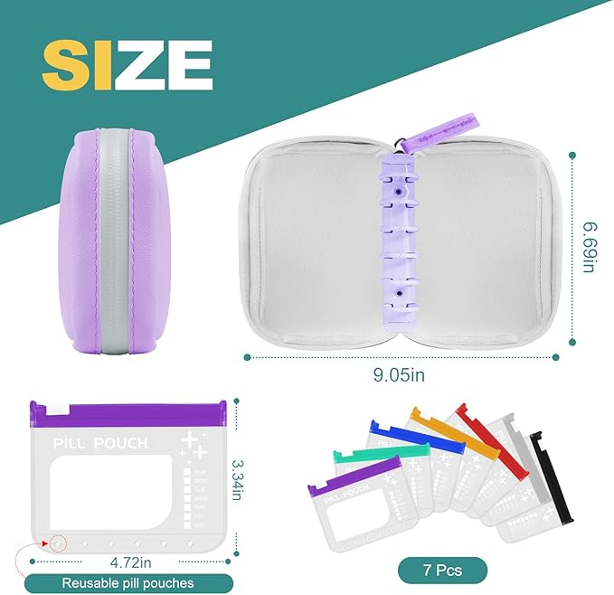 Timueetech A7 Waterproof Pill Organizer with 7 PCS L Size Zippered Pill Pouches for A7 Binder, Large BPA-Free Weekly Medicine Organizer, Color-Coded Reusable Travel Pill Storage System