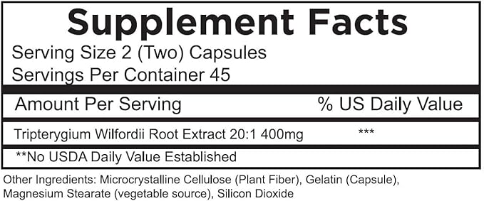 Thunder God Vine Root 20:1 Supplement – Tripterygium Wilfordii Herbal Supplement – 200mg Capsules with Lei Gong Teng Extract – Thunder God Vine Extract with Triptolide – 90 Capsules