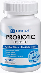 OMOGS Probiotics 90 Billion CFUs 18 Strains,with 3 Organic Prebiotics & Vitamin C,Nutritional Supplement for Women,Men & Kids,Support Metabolism,Immunity and Digestive Health,Non-GMO, 90 Tablets