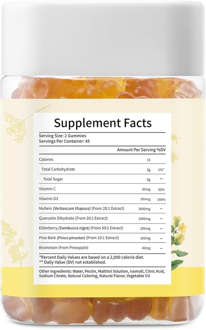 Mullein Gummies with 3600mg Mullein Leaf Extract, 7 in 1 for Lung Cleanse, Respiratory Lung Health, Immune Booster, Elderberry, Quercetin, Bromelain, No Sugar, for Adults, Vegan, 90 Count