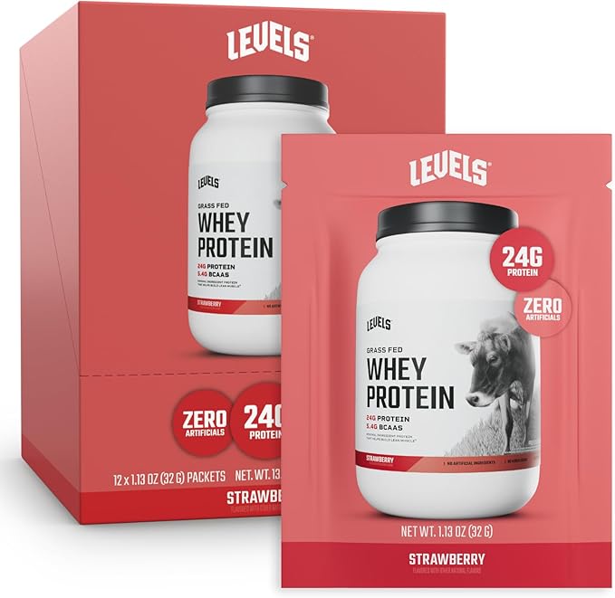 Levels Grass Fed Whey Protein Powder, No Artificials, 24G of Protein, Strawberry, 12 Count