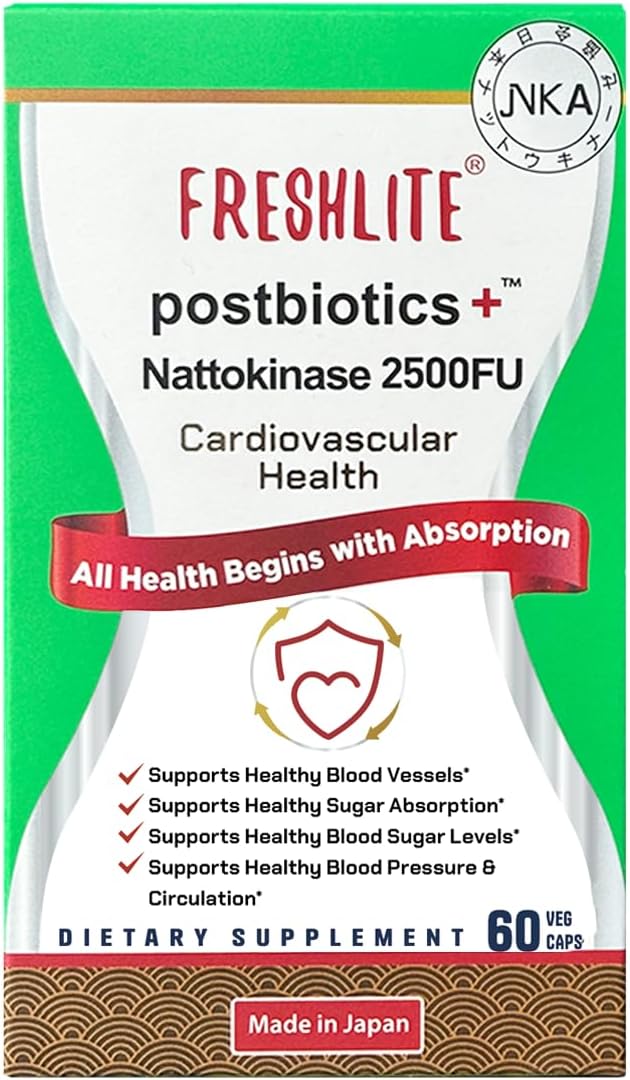FRESHLITE 2500FU Premium NSK-SD Nattokinase & Vegan Postbiotics for Cardiovascular Support | Blood Pressure, Cholesterol & Heart Health | JNKA Certified | Non-GMO, Gluten-Free, 60 Capsules Japan Made