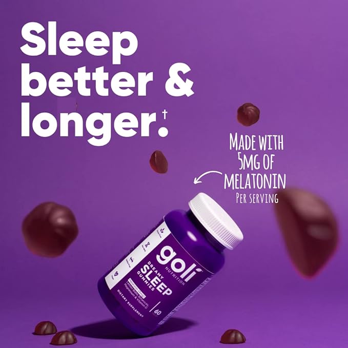 Goli Dreamy Sleep Gummy - 60 Count - Melatonin, Vitamin D, Magnesium, and Lemon Balm Extract - Gelatin-Free, Gluten-Free, Vegan & Non-GMO