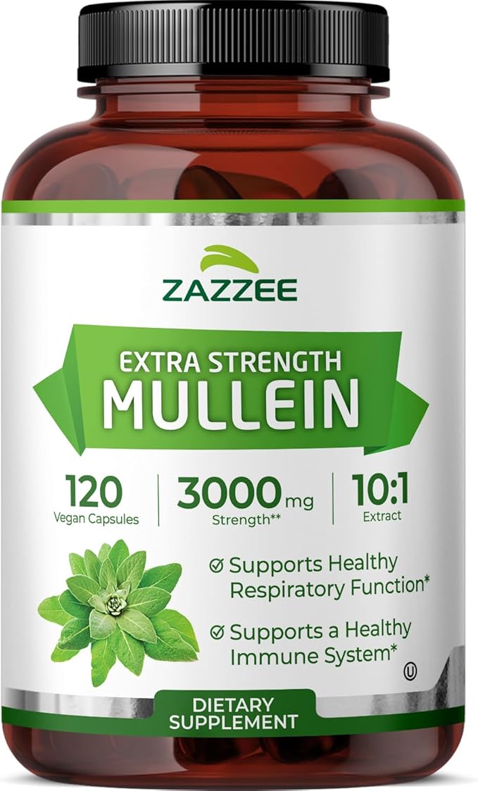 Zazzee Extra Strength Mullein Leaf 10:1 Extract, 120 Vegan Capsules, 4 Month Supply, Verbascum Thapsus, Respiratory & Lung Support, Certified Kosher, 100% Pure Leaf Powder, Non-GMO, Made in the USA