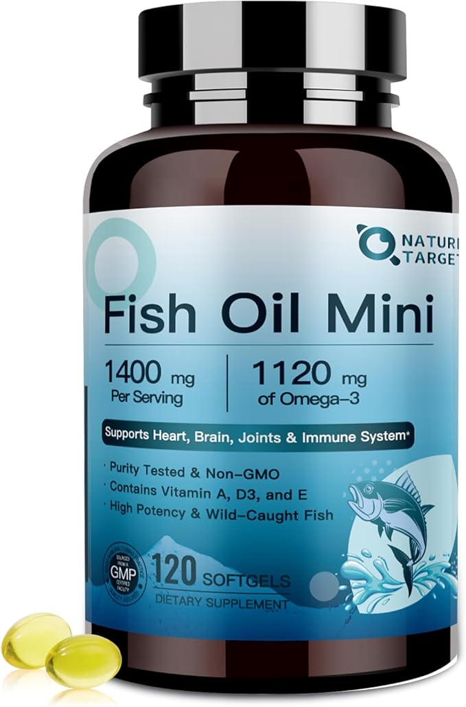 NATURE TARGET Fish Oil Mini 1400mg, High-Potency Omega 3 Supplement with Vitamins A & D3 & E, Supports Heart, Brain, Joints & lmmune System, Non-GMO, 120 Softgels, Wild-Caught