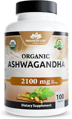 NaturaLife Labs Organic Ashwagandha 2100 mg per Serving – Herbal Supplement Root Powder & Extract – 100 Capsules – Vegan, Non-GMO, Gluten-Free