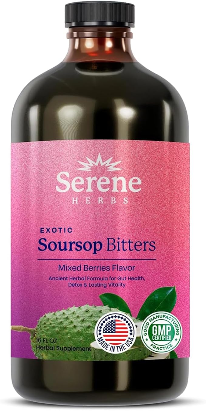 Serene Herbs Soursop Bitters Liquid - Organic Herbal Sour Sop Guanabana with Black Seed, Moringa, Irish Moss & Ginger – Gut Support, Energy & Immune Boost – Vegan, Non-GMO – Mixed Berry Flavor – 16 oz