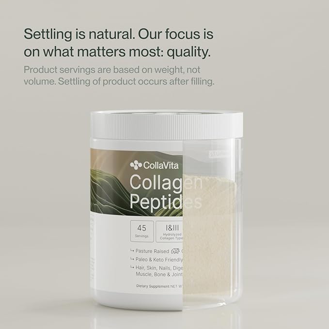 CollaVita Collagen Peptides Powder (3 Month Supply) Grass-Fed Pasture-Raised Hydrolyzed Collagen Powder, Type I & III Hair, Nails, Skin & Joints, Non-GMO, Paleo & Keto, Unflavored, 32 oz. 90 Servings