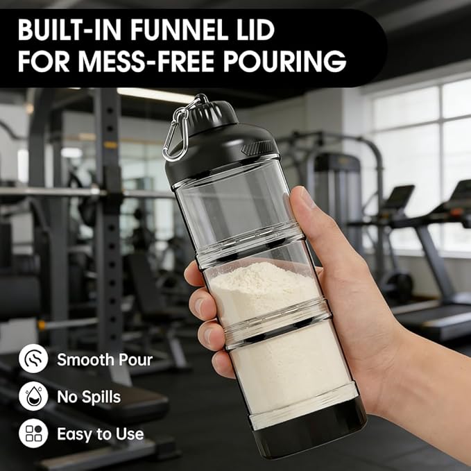 3-Layer Protein Powder Container with Funnel & Keychain, 50g Capacity Portable Supplement Dispenser, Leakproof Clear Stackable Organizer for Gym Travel Workout, BPA-Free Plastic (Black)