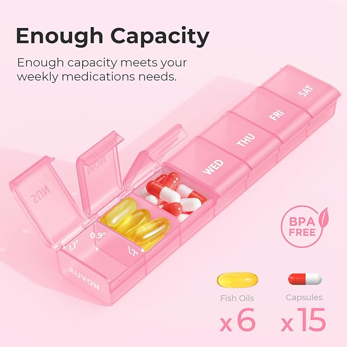 AUVON Weekly Pill Organizer with Effortless Opening Design, Arthritis Friendly Pill Box, BPA-Free Pill Organizer 7 Day, Cute & Portable Pill Case for Vitamins, Supplements and Medications