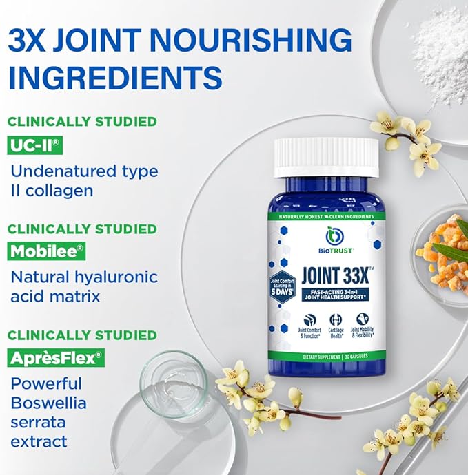 BioTrust Joint 33X Advanced 3-in-1 Joint Support Supplement - Healthy Flexibility, Mobility Relief & Comfort - Boswellia Serrata, Type II Collagen, Hyaluronic Acid - 30 Capsules