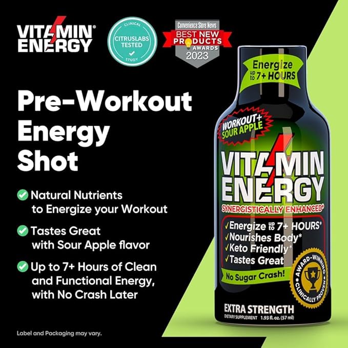 Vitamin Energy Workout+ Extra Strength Energy Shot Sour Apple 24 Pack, 260mg Natural Caffeine, Pre-Workout, B-Vitamins, Minerals, Endurance & Performance, Zero Sugar, Gluten-Free, Vegan, 1.93 fl oz