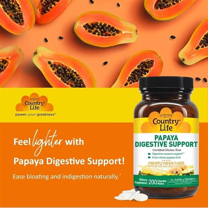 Country Life, Papaya Digestive Support, Daily Enzymes to Promote Digestive Health and Nutrient Absorption, 200