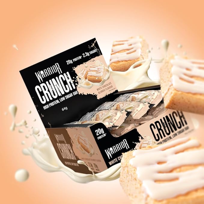 Warrior Crunch High Protein Bars | 20g Protein, Low Carb, Low Sugar, Keto Friendly | Delicious, Chewy, Crispy On The Go Snack | Box of 12 Bars (White Chocolate Blondie)