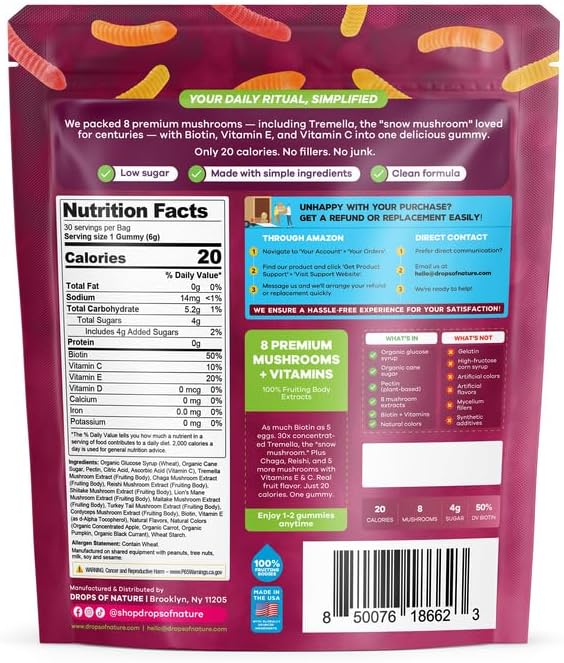 Drops Of Nature Mushroom Beauty Biotin Gummies – Tremella Lions Mane VIT C VIT E – 11-in-1 Mushroom Superfood Blend – Vegan Hair Skin and Nails for Women (Mixed Fruits, 30 Gummies)