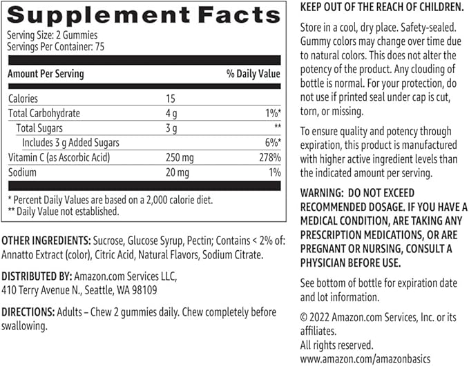 Amazon Basics Vitamin C Gummies, Sour Orange Flavor, 250 mg, 150 Count, Vegetarian, Immune Health Support (Previously Solimo)
