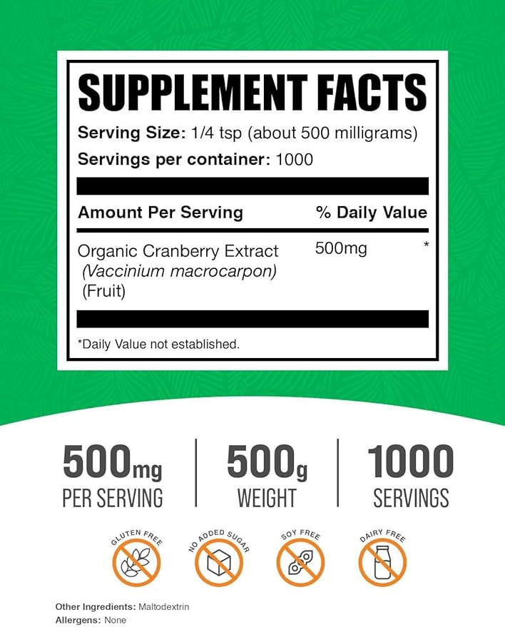 BulkSupplements.com Cranberry Extract Powder - Cranberry Flavoring Powder, Sourced from Vaccinium Macrocarpon Fruit - Vegan & Gluten Free, 500mg per Serving, 500g (1.1 lbs) (Pack of 1)